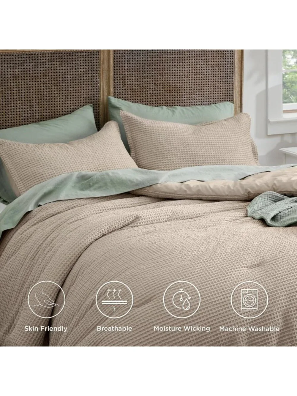 Cozy Twin Waffle Comforter Set - Soft Cotton, Khaki Color, Perfect for Bedroom